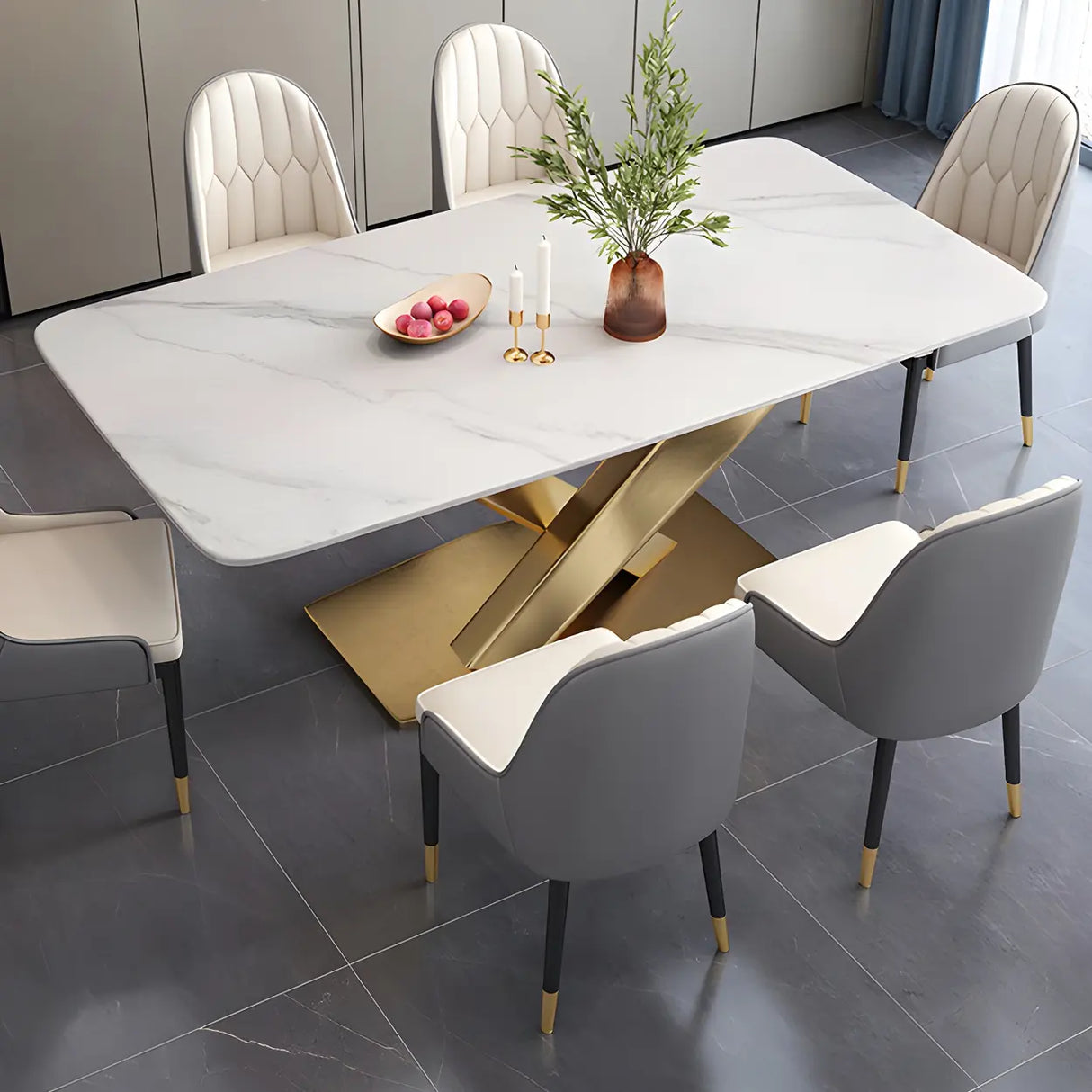 Modern Rectangular Stone Kitchen Grey Dining Table Image - 2