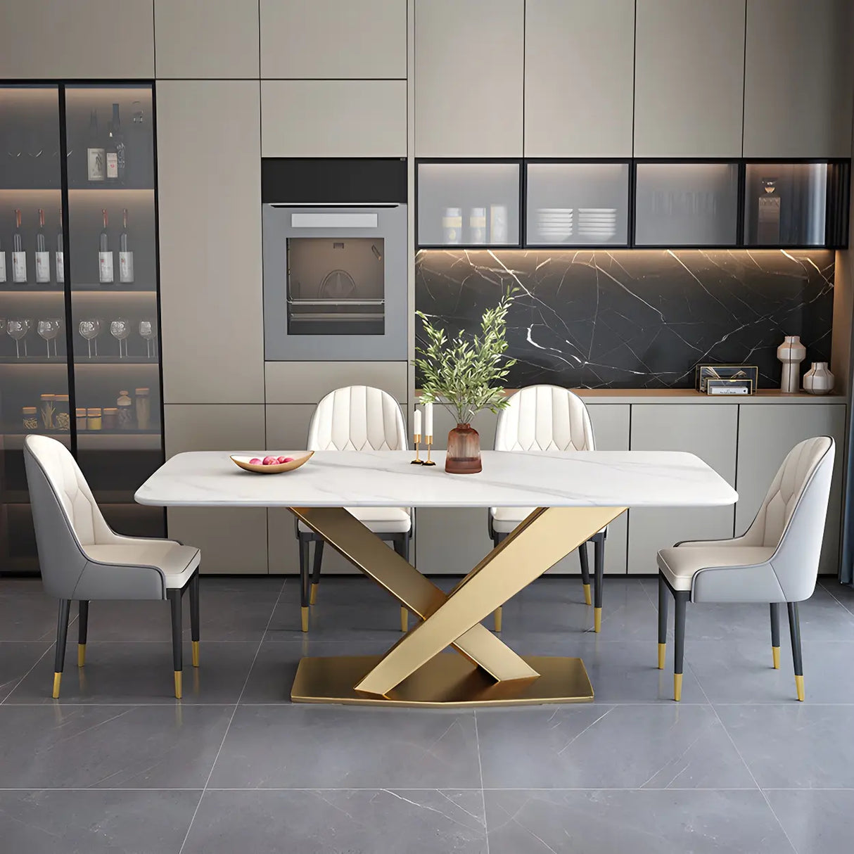 Modern Rectangular Stone Kitchen Grey Dining Table Image - 12
