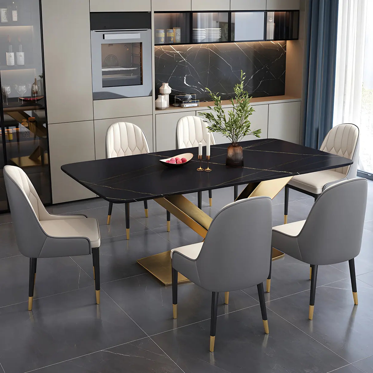 Modern Rectangular Stone Kitchen Grey Dining Table Image - 3