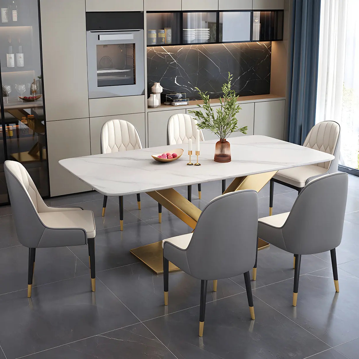 Modern Rectangular Stone Kitchen Grey Dining Table Image - 4