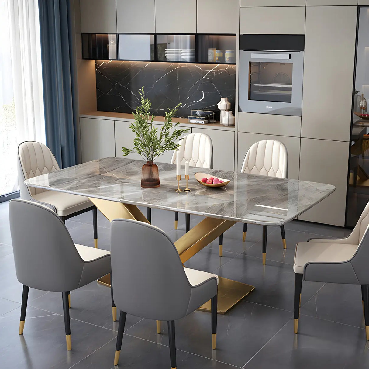 Modern Rectangular Stone Kitchen Grey Dining Table Image - 13