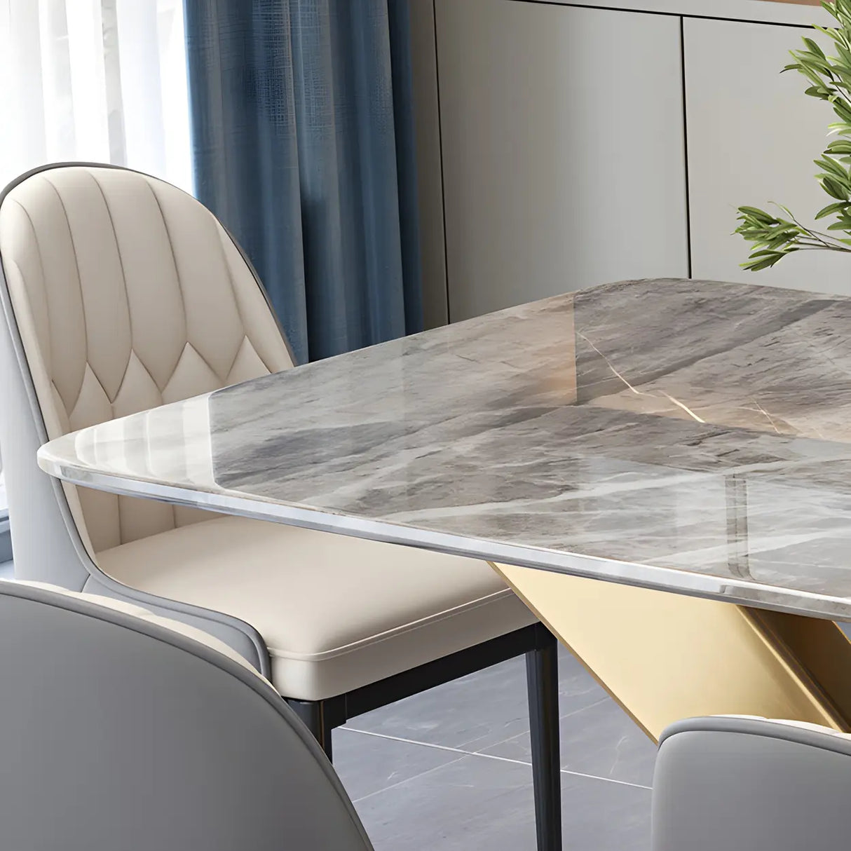 Modern Rectangular Stone Kitchen Grey Dining Table Image - 7