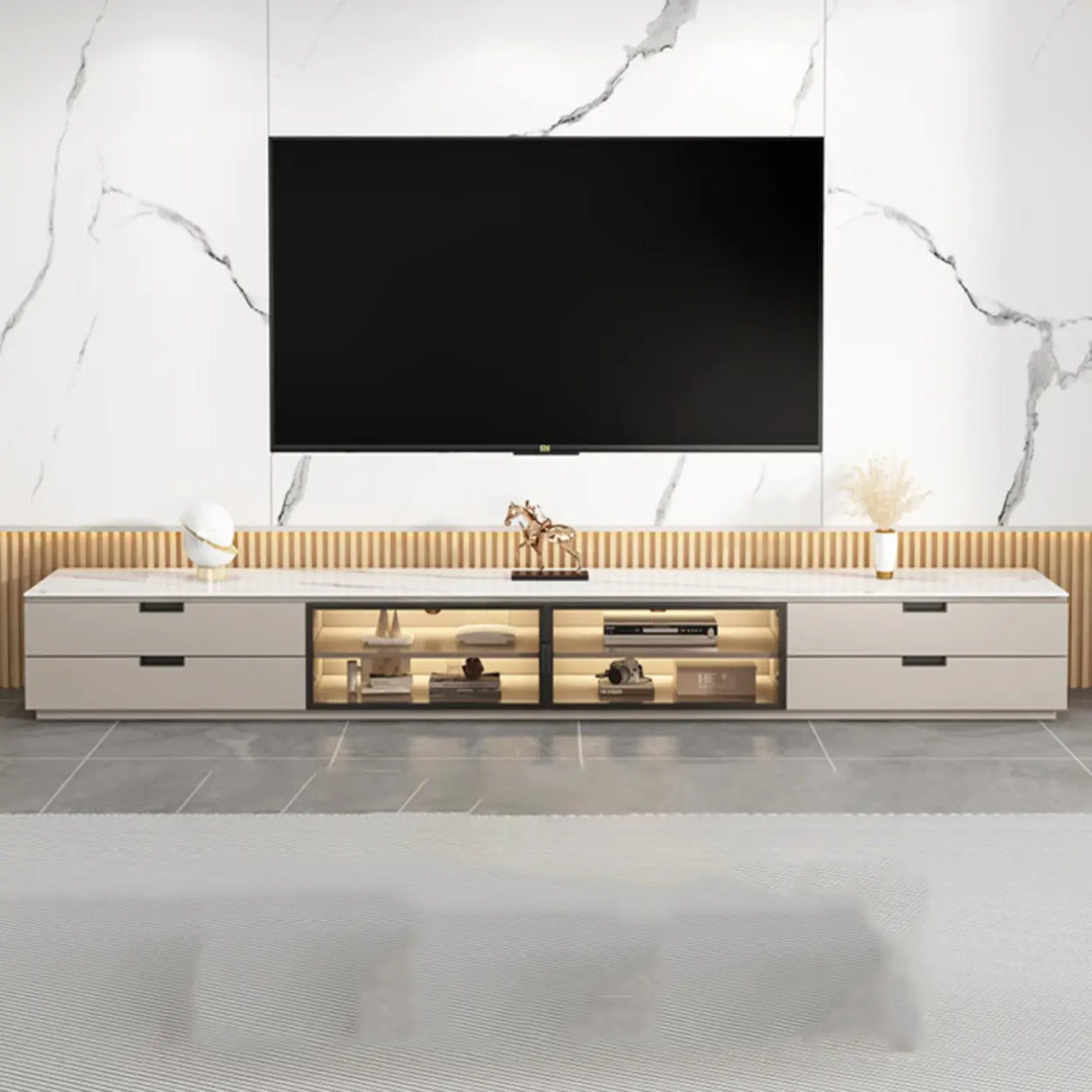 Modern Rectangular Stone Living Room White LED TV Stand