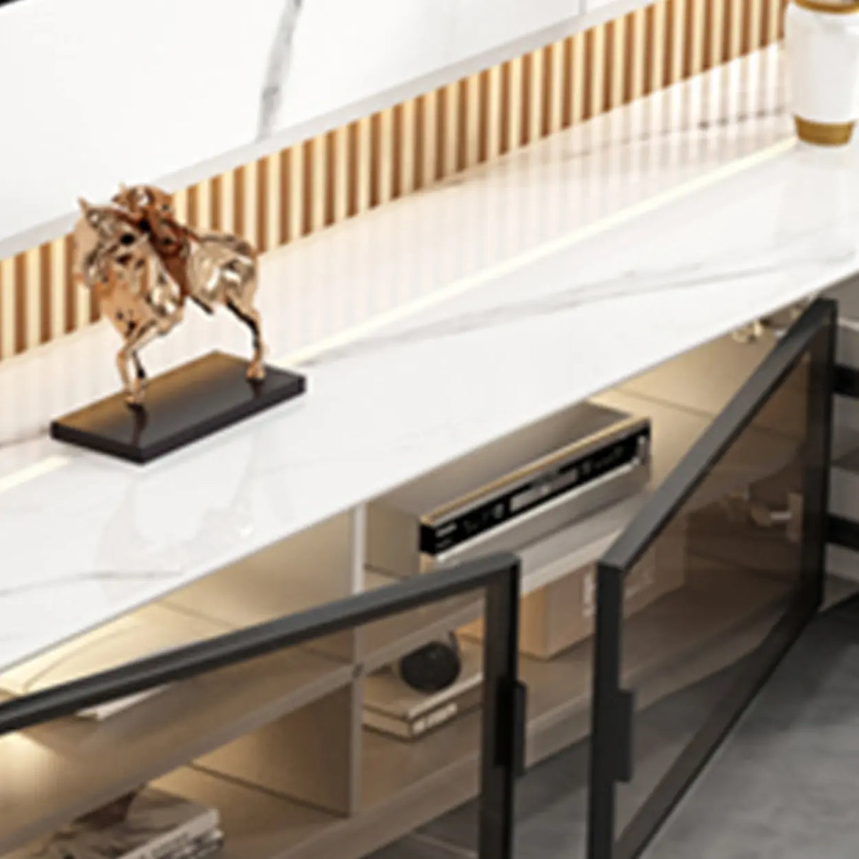 Modern Rectangular Stone Living Room White LED TV Stand