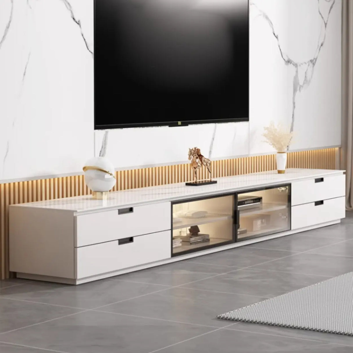 Modern Rectangular Stone Living Room White LED TV Stand