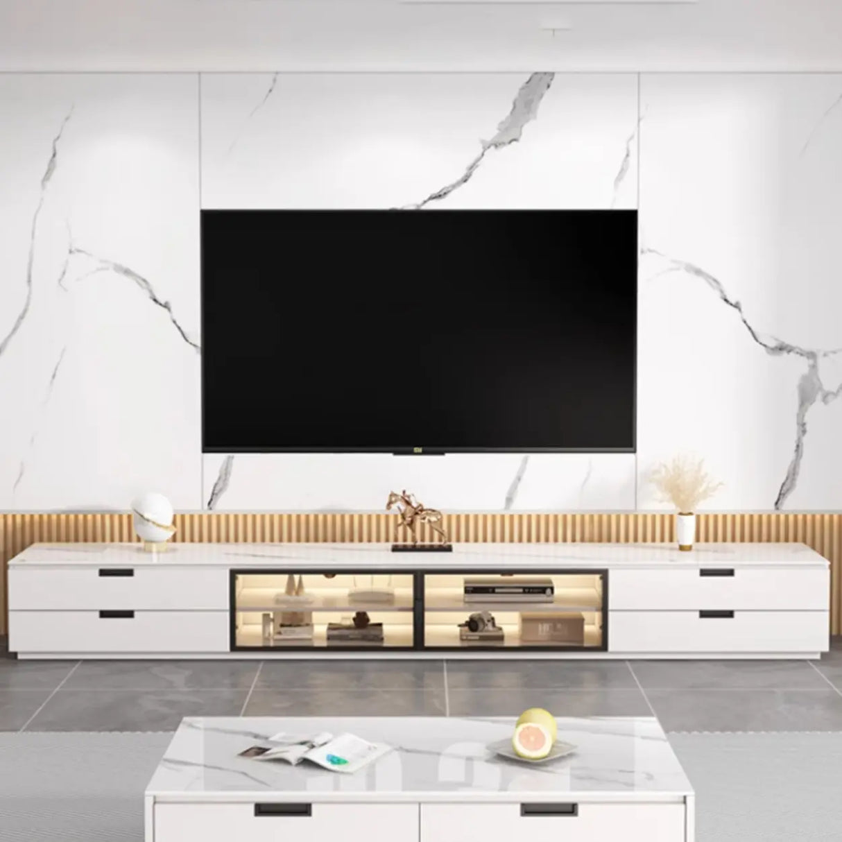 Modern Rectangular Stone Living Room White LED TV Stand