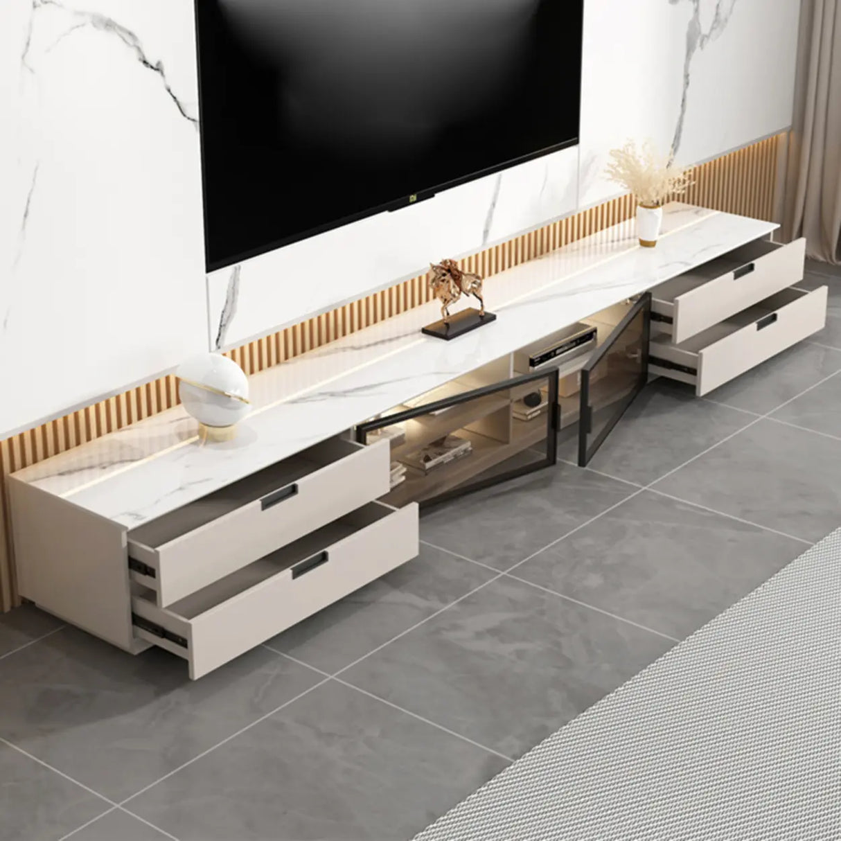 Modern Rectangular Stone Living Room White LED TV Stand