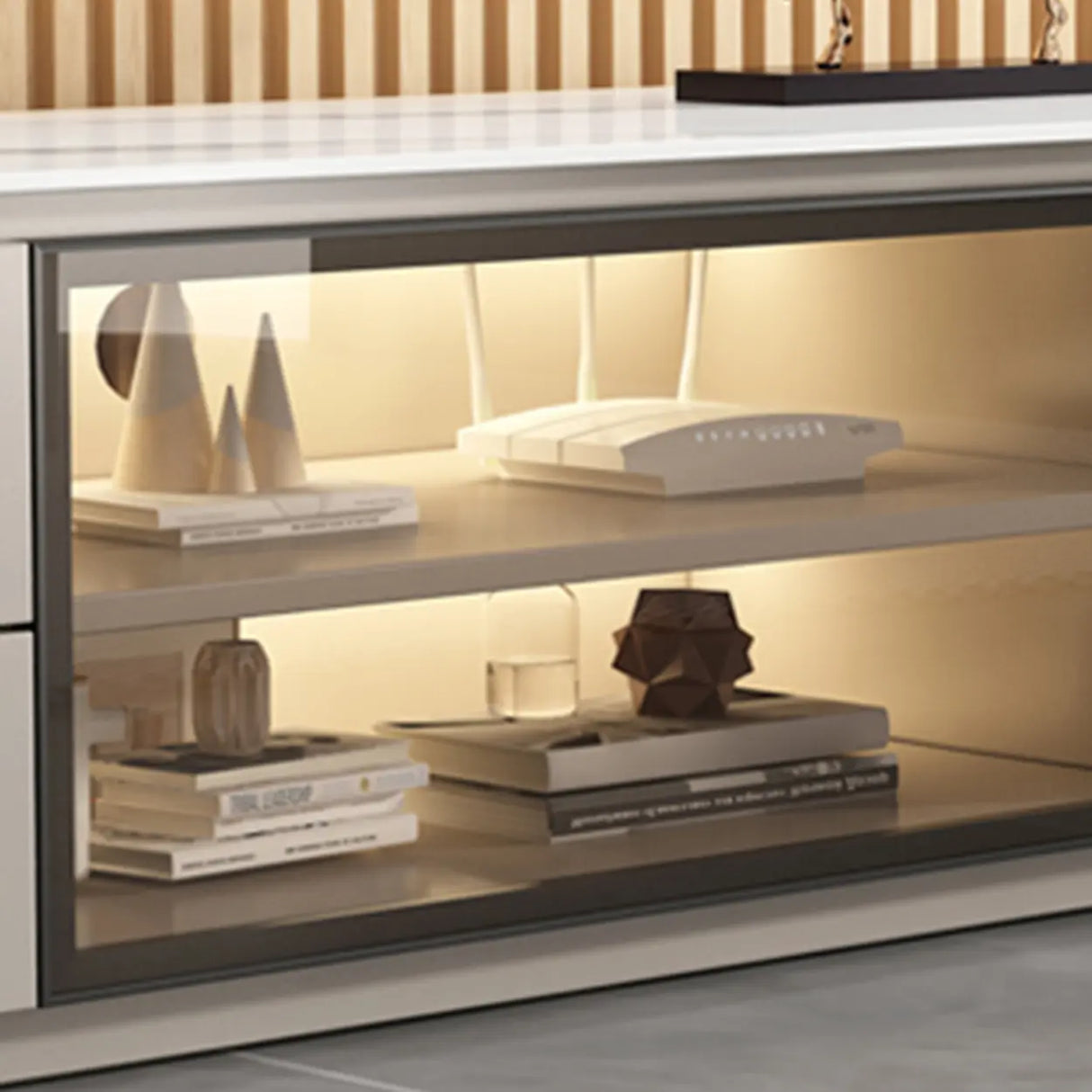 Modern Rectangular Stone Living Room White LED TV Stand