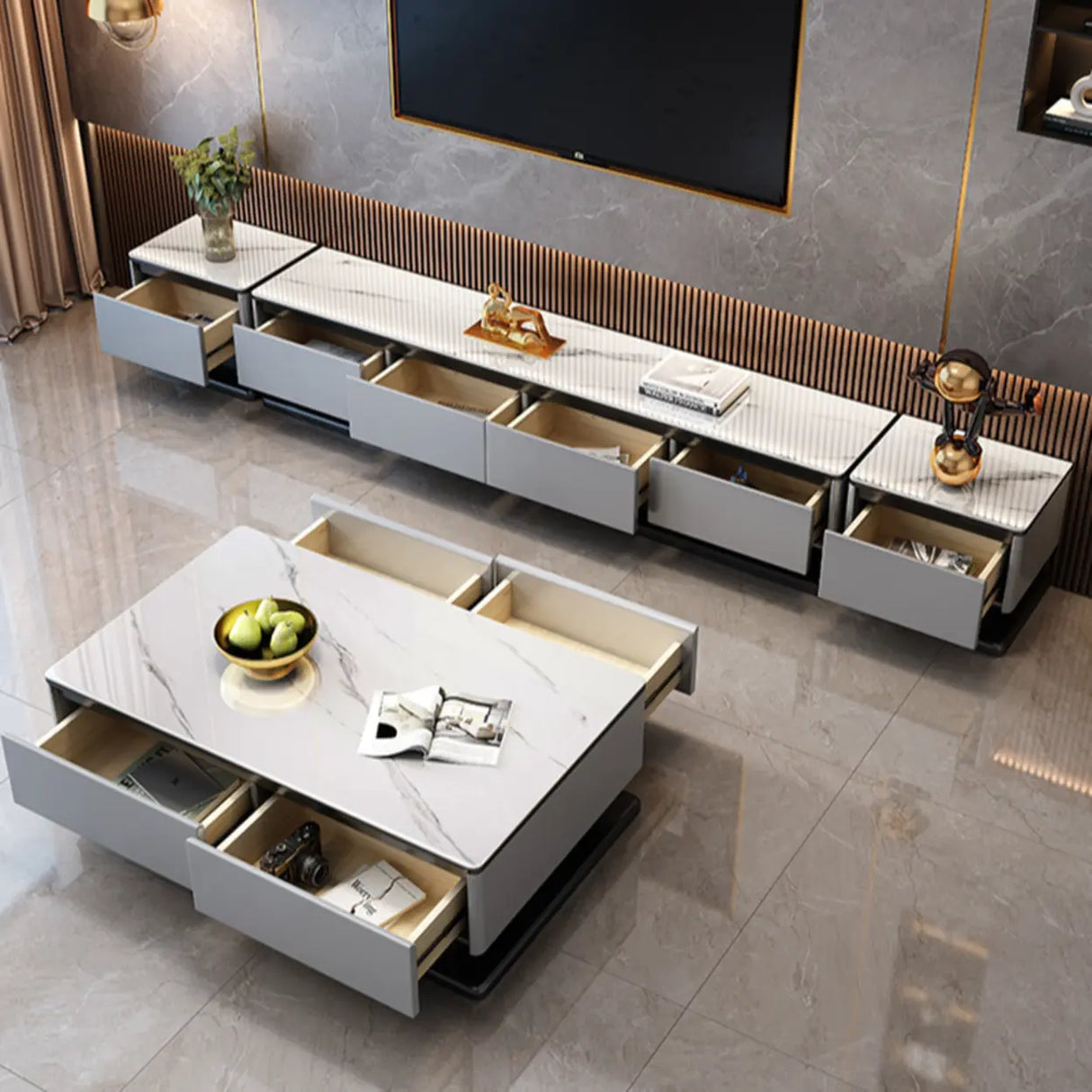 Modern Rectangular Stone TV Stand for Living Room - Grey Image - 13