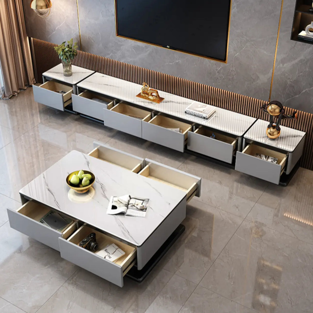 Modern Rectangular Stone TV Stand for Living Room - Grey Image - 14