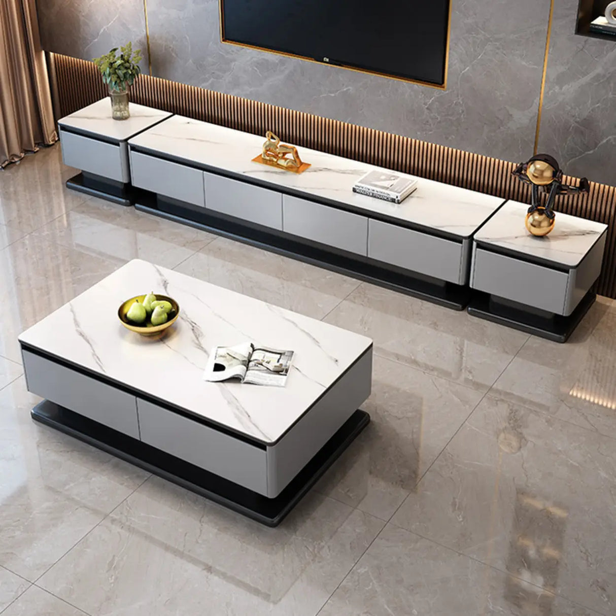 Modern Rectangular Stone TV Stand for Living Room - Grey Image - 15