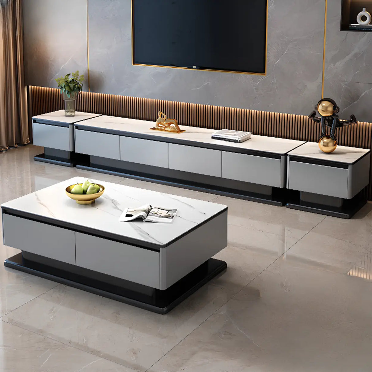 Modern Rectangular Stone TV Stand for Living Room - Grey Image - 1