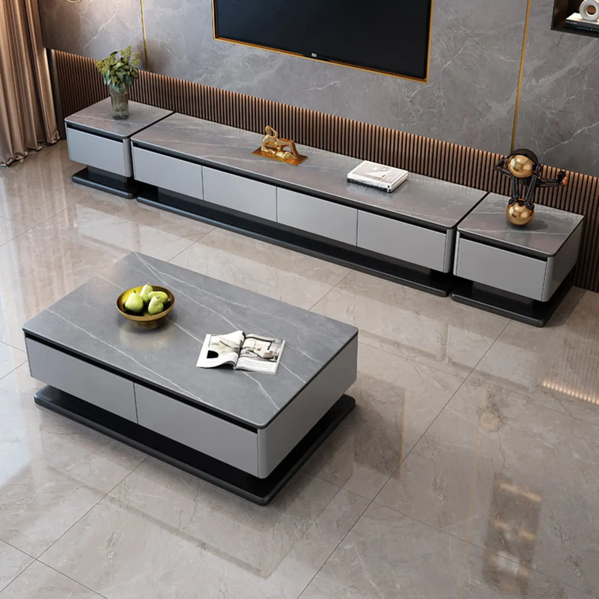 Modern Rectangular Stone TV Stand for Living Room - Grey Image - 2