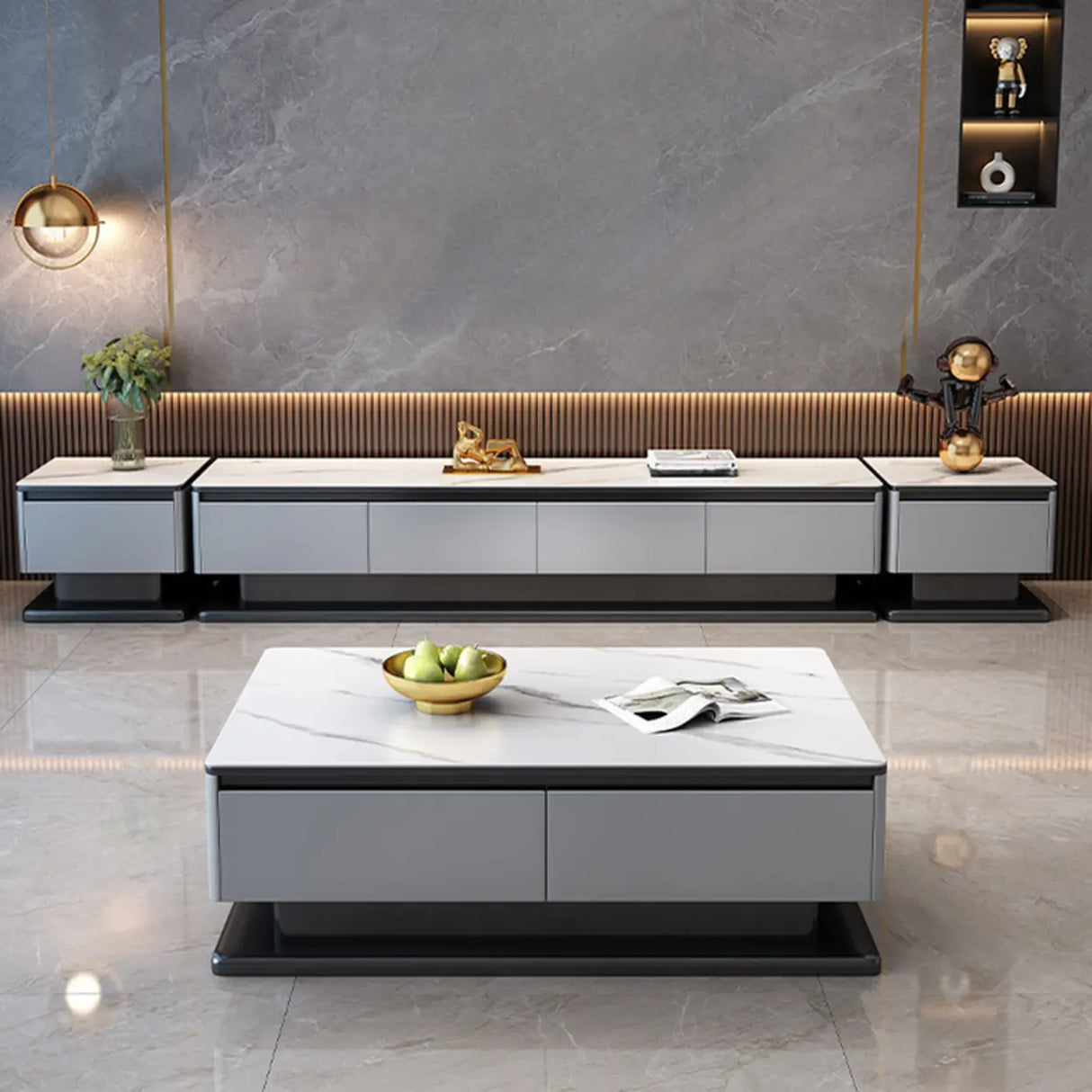 Modern Rectangular Stone TV Stand for Living Room - Grey Image - 3