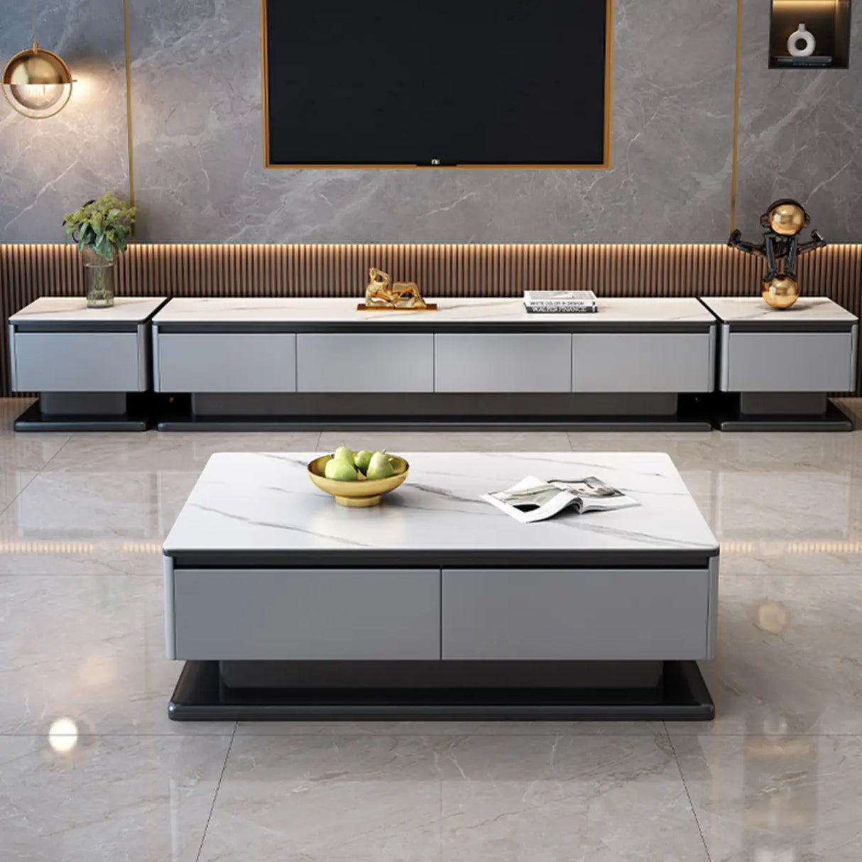 Modern Rectangular Stone TV Stand for Living Room - Grey Image - 4