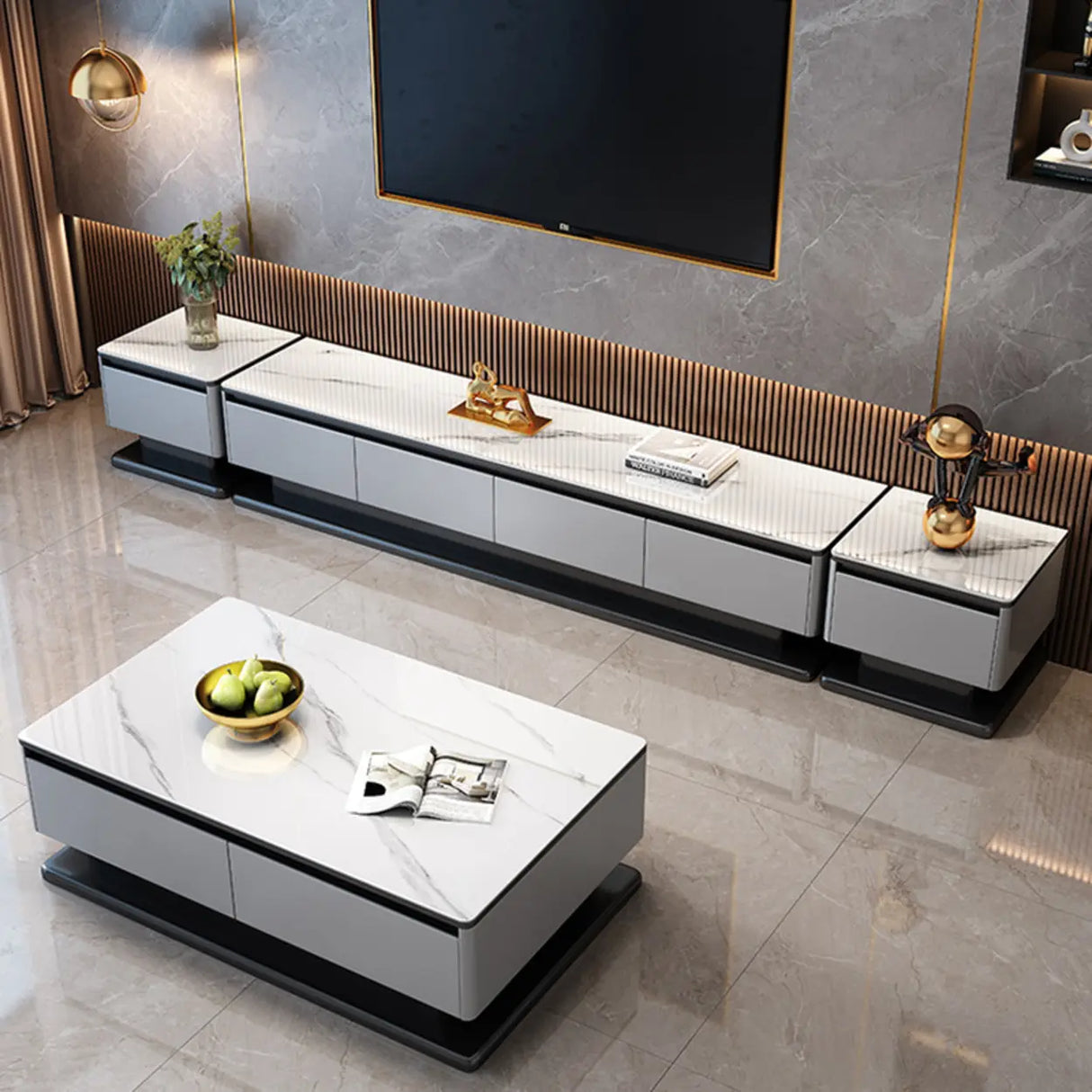 Modern Rectangular Stone TV Stand for Living Room - Grey Image - 7