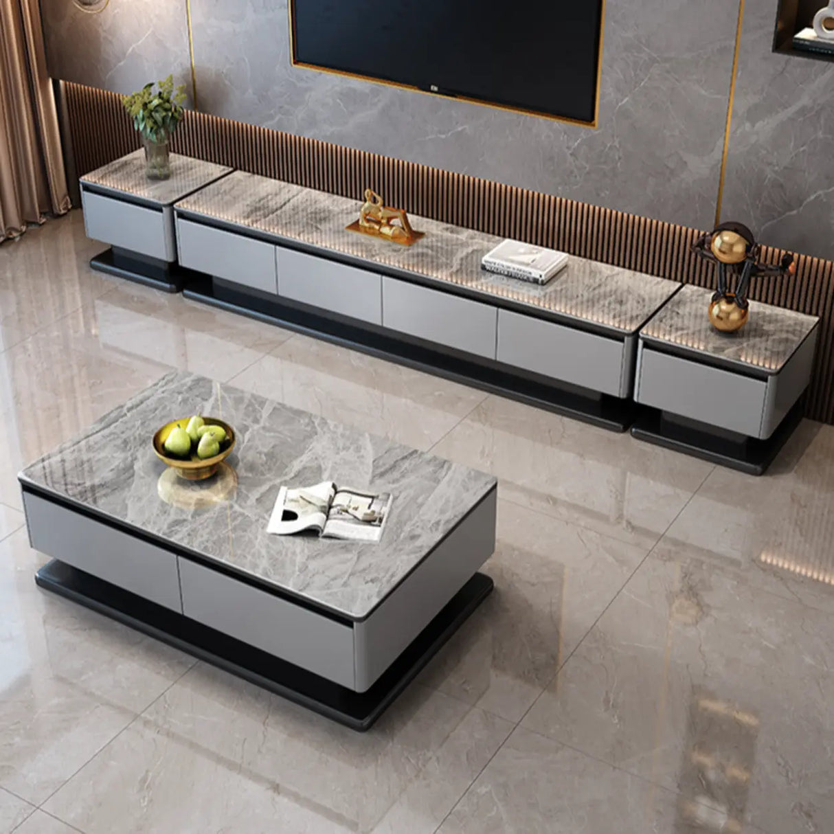 Modern Rectangular Stone TV Stand for Living Room - Grey Image - 8