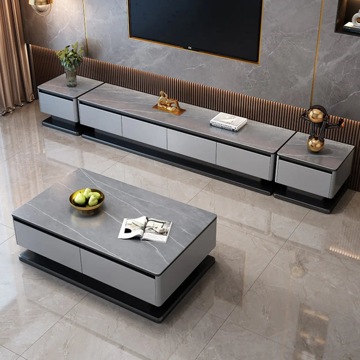 Modern Rectangular Stone TV Stand for Living Room - Grey Image - 9