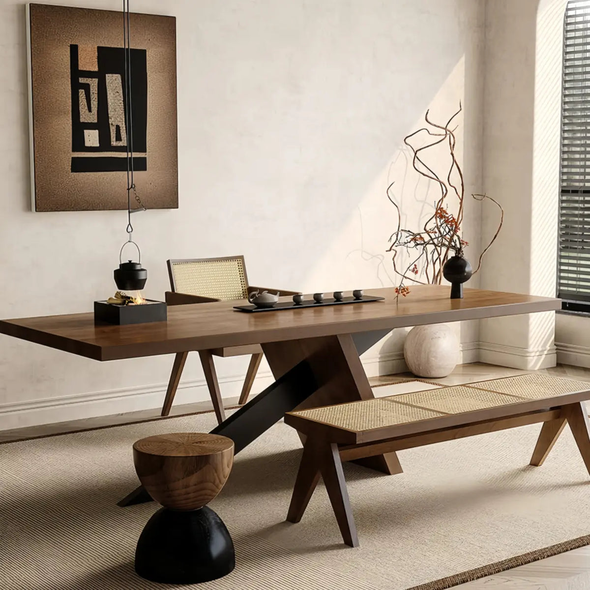 Modern Rectangular Walnut Solid Pine Dining Table with Iron Base Image - 4