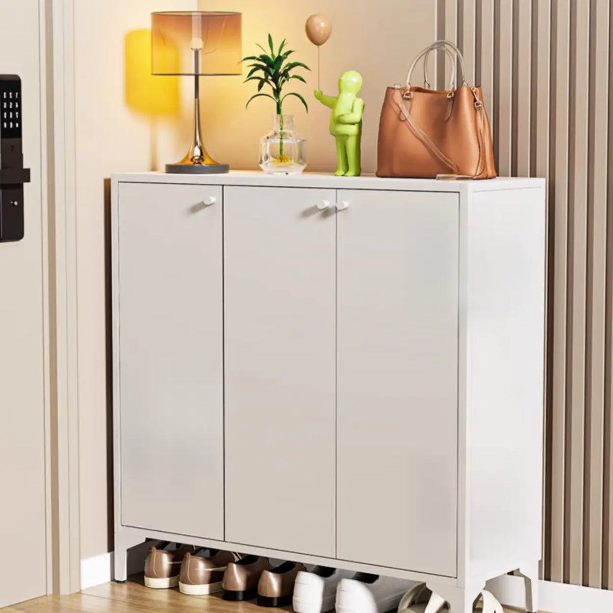 Modern Rectangular Wood Entry White Large Shoe Cabinet Image - 12