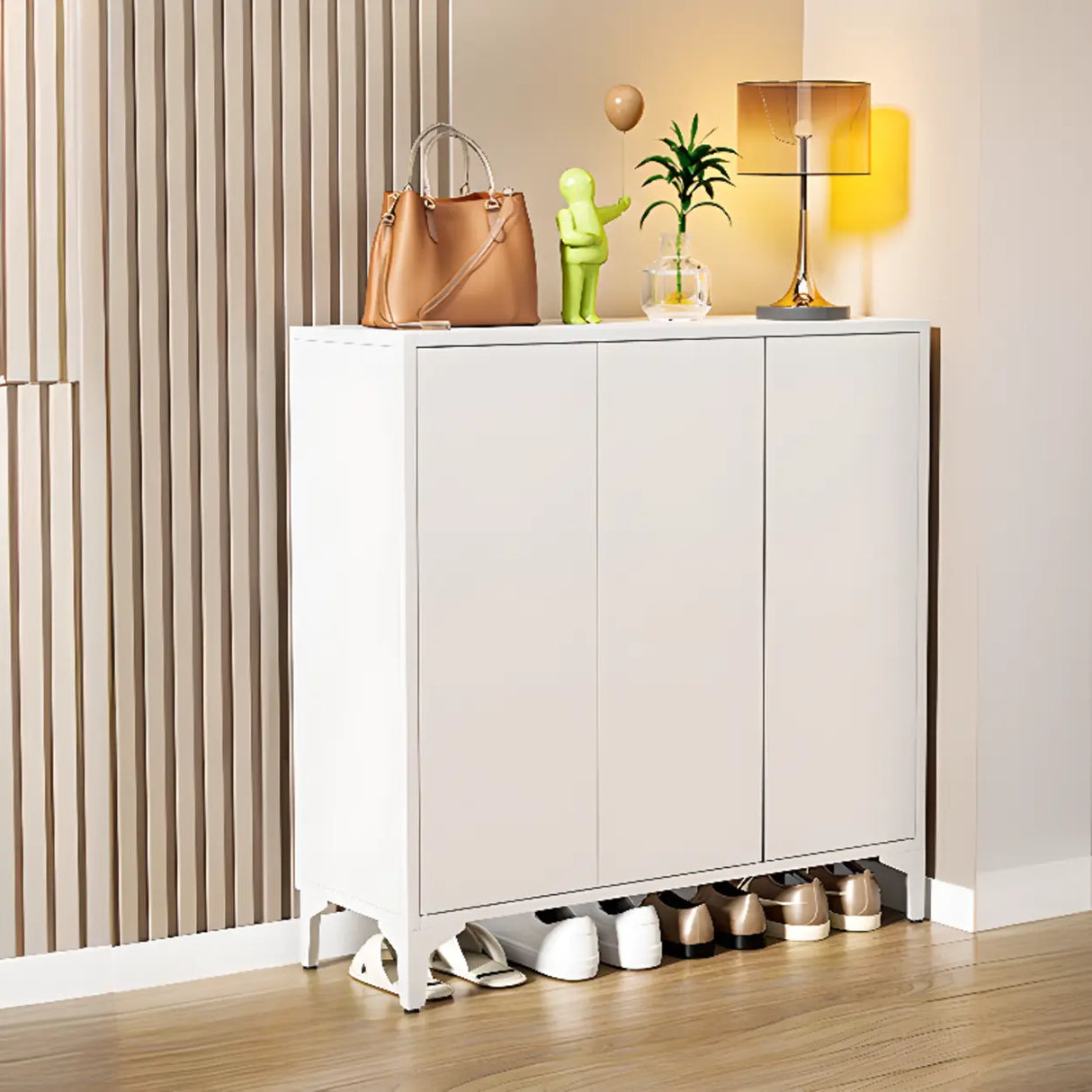Modern Rectangular Wood Entry White Large Shoe Cabinet Image - 13