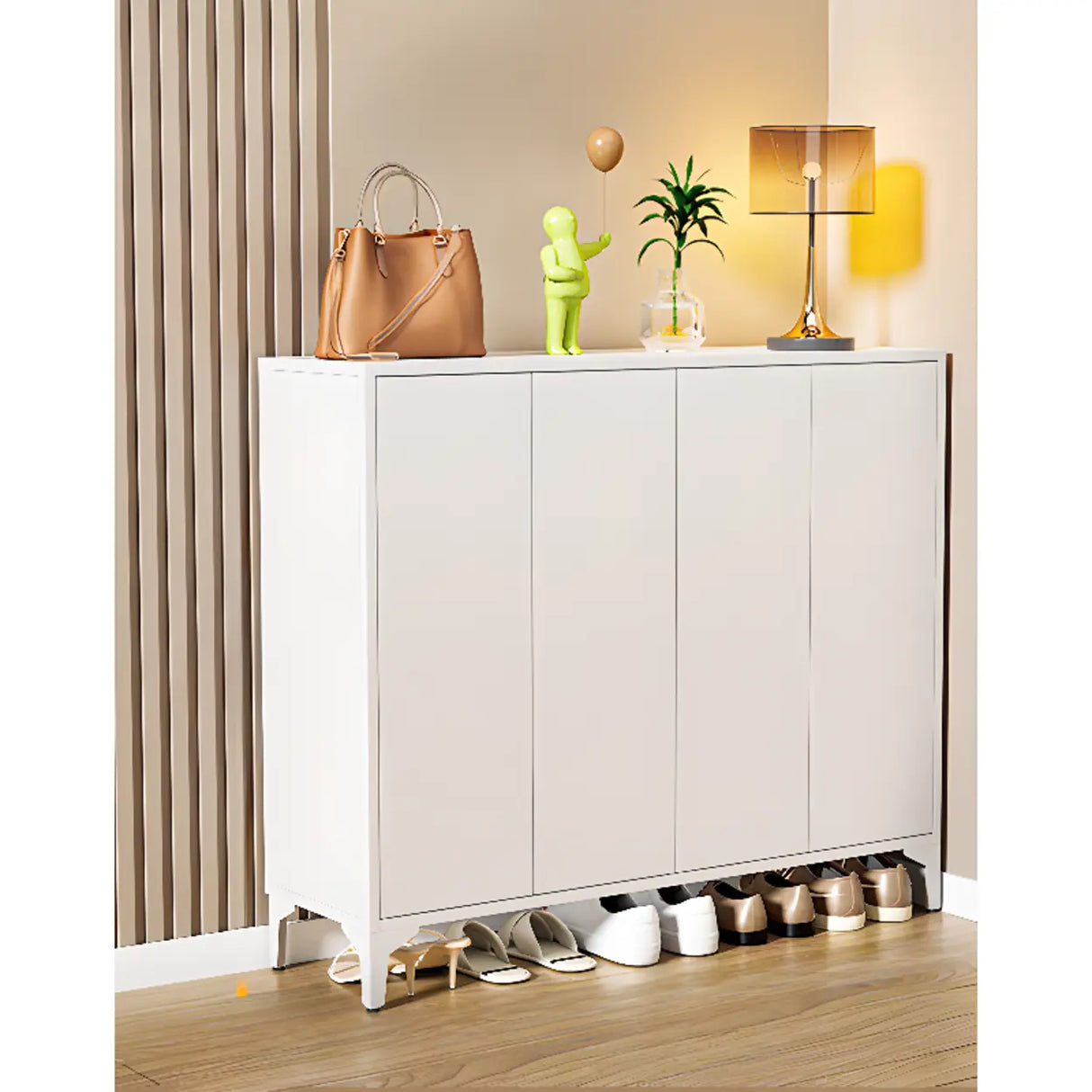 Modern Rectangular Wood Entry White Large Shoe Cabinet Image - 16