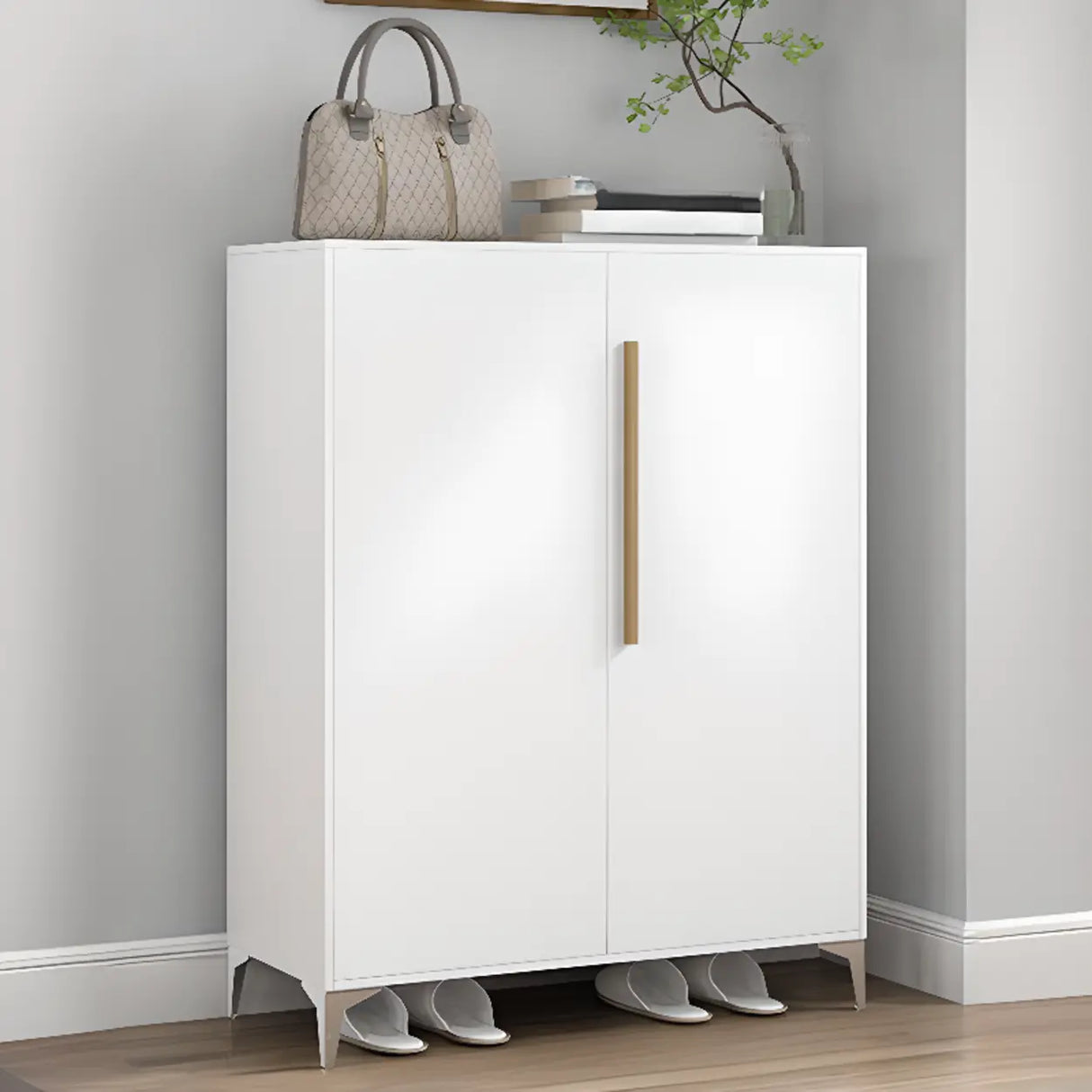 Modern Rectangular Wood Entry White Large Shoe Cabinet Image - 17