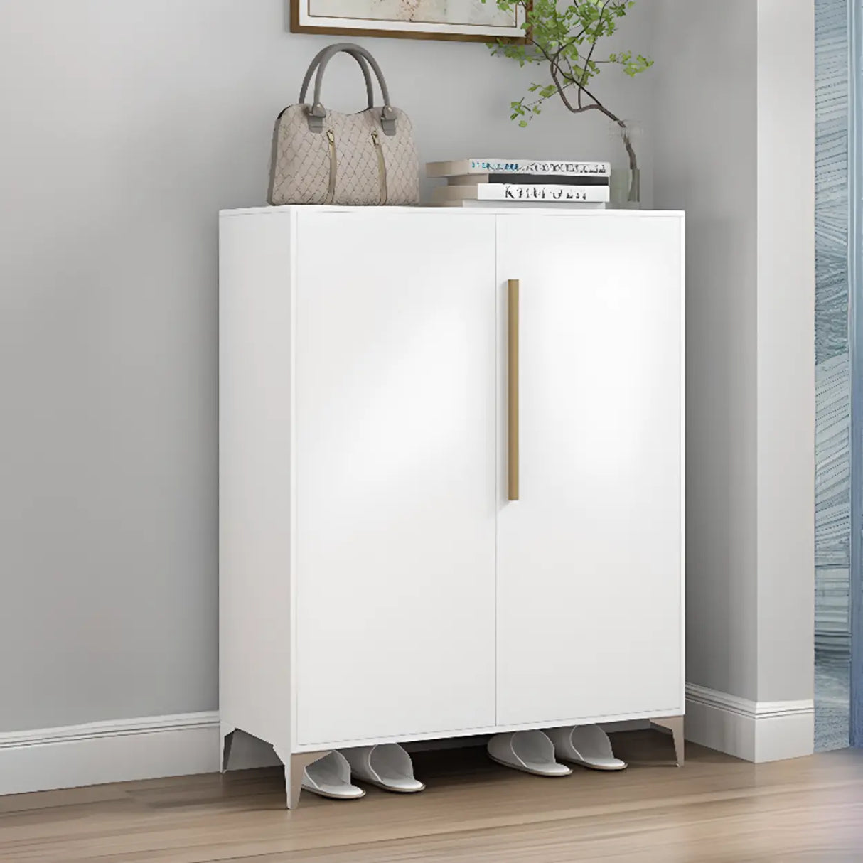 Modern Rectangular Wood Entry White Large Shoe Cabinet Image - 19