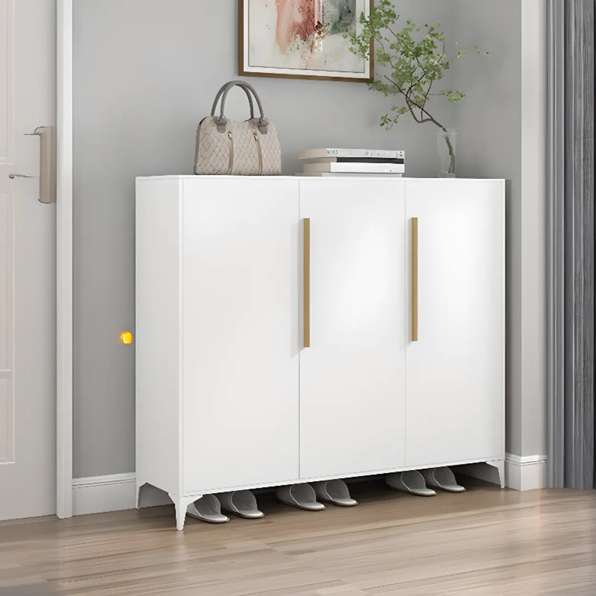 Modern Rectangular Wood Entry White Large Shoe Cabinet Image - 21