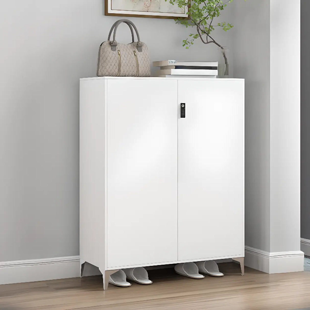 Modern Rectangular Wood Entry White Large Shoe Cabinet Image - 25