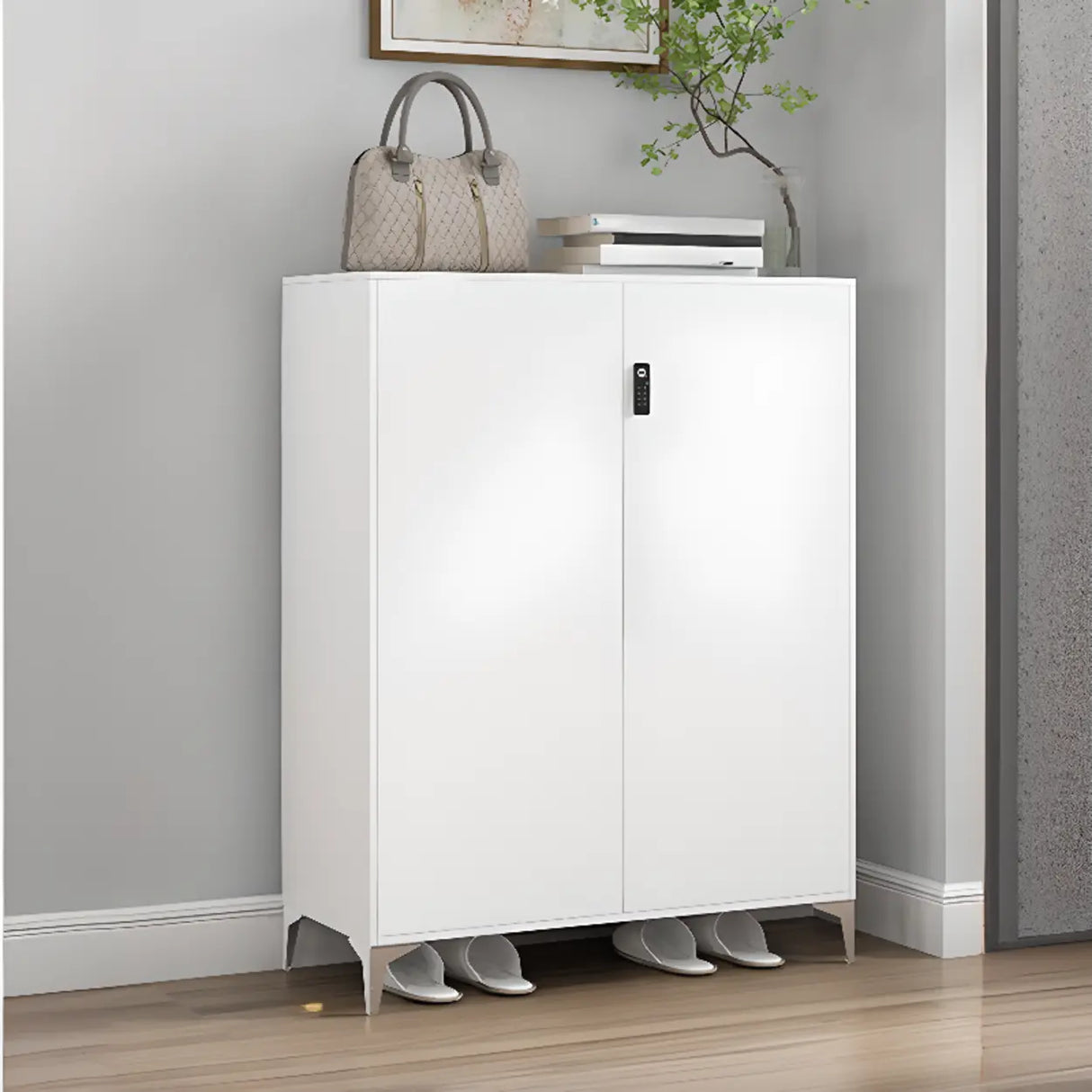Modern Rectangular Wood Entry White Large Shoe Cabinet Image - 27