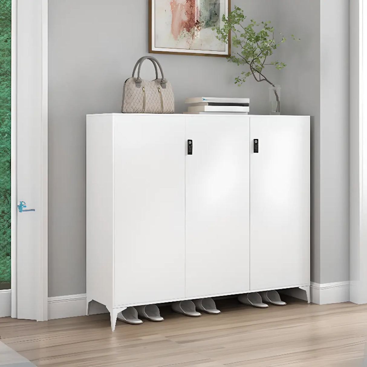 Modern Rectangular Wood Entry White Large Shoe Cabinet Image - 29