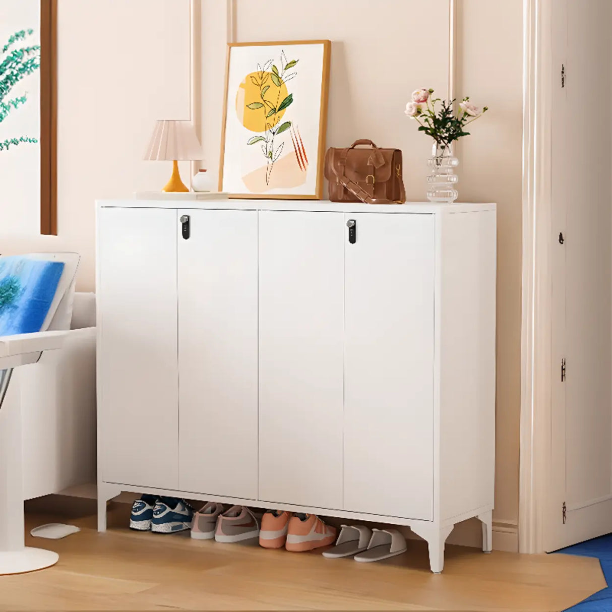 Modern Rectangular Wood Entry White Large Shoe Cabinet Image - 31