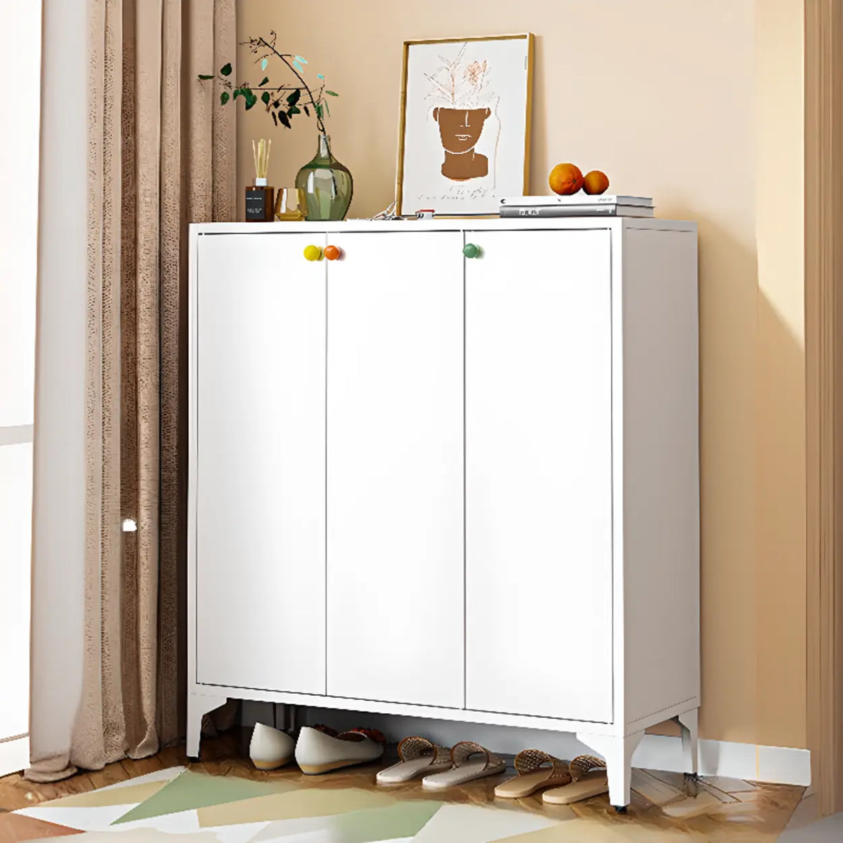 Modern Rectangular Wood Entry White Large Shoe Cabinet Image - 35