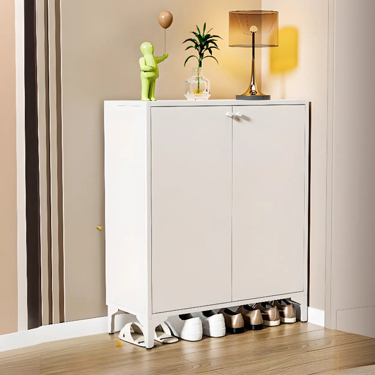 Modern Rectangular Wood Entry White Large Shoe Cabinet Image - 3