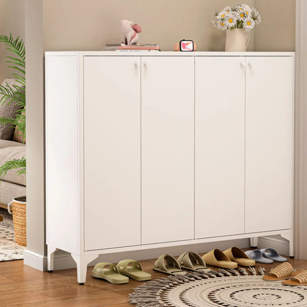 Modern Rectangular Wood Entry White Large Shoe Cabinet Image - 4