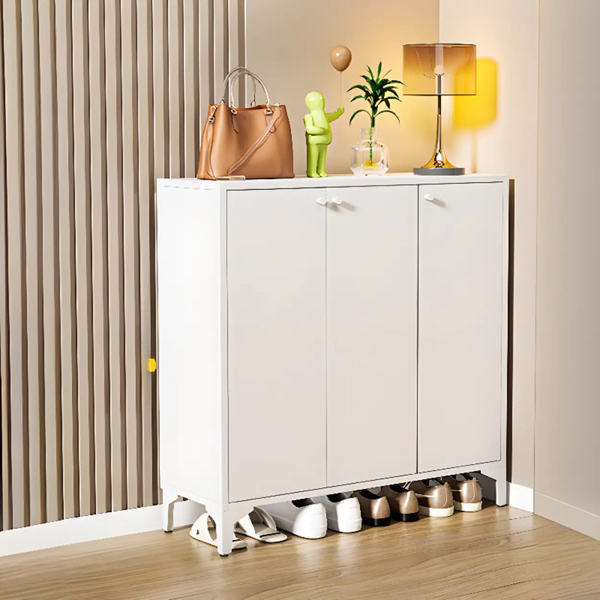 Modern Rectangular Wood Entry White Large Shoe Cabinet Image - 5