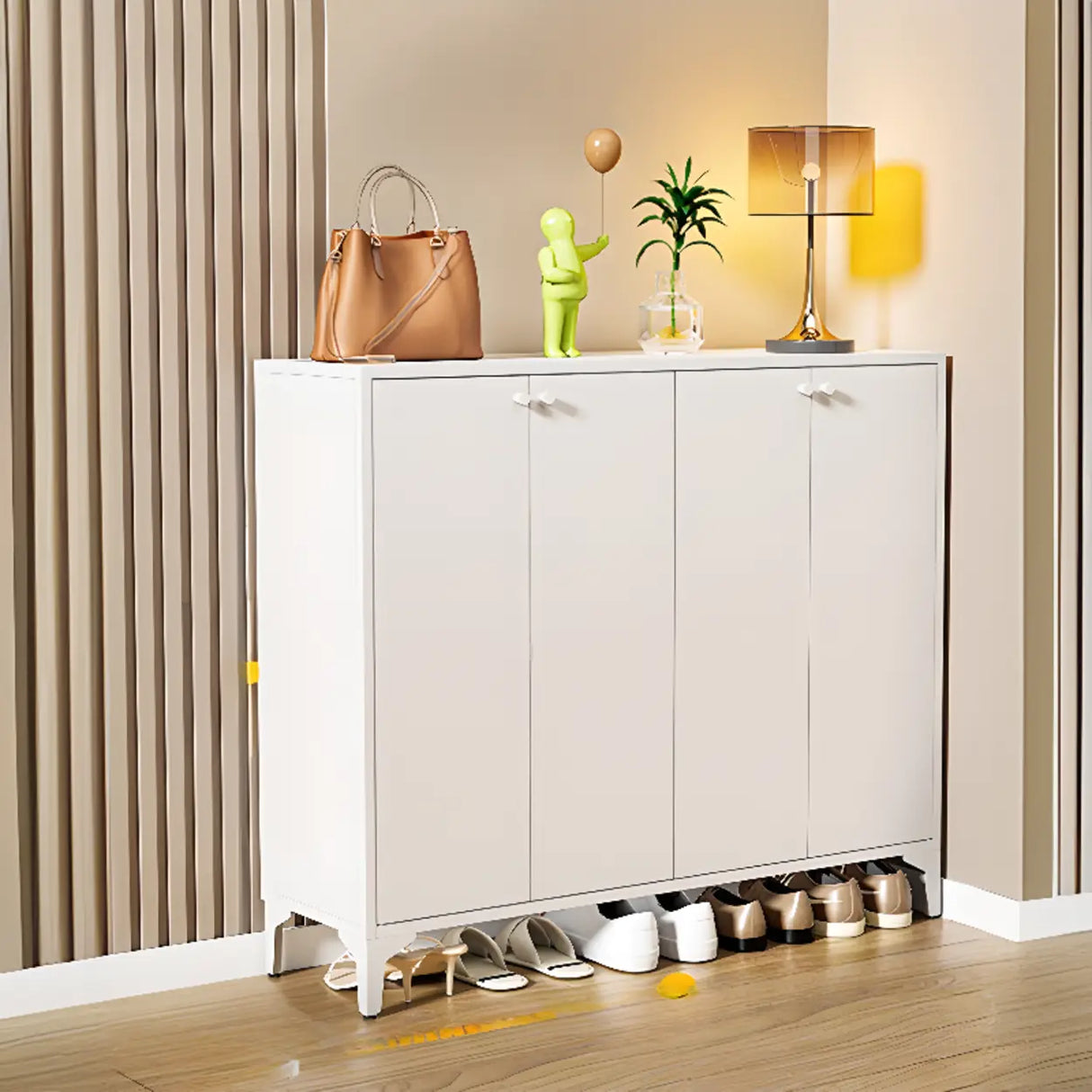 Modern Rectangular Wood Entry White Large Shoe Cabinet Image - 7
