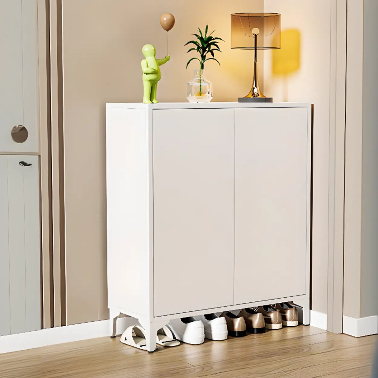 Modern Rectangular Wood Entry White Large Shoe Cabinet Image - 9