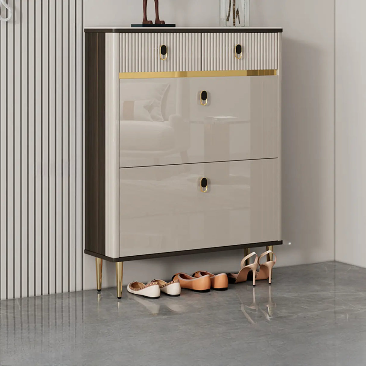 Modern Rectangular Wood Entry White Sliding Shoe Cabinet Image - 11