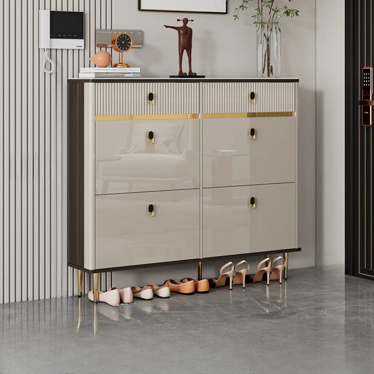 Modern Rectangular Wood Entry White Sliding Shoe Cabinet Image - 13