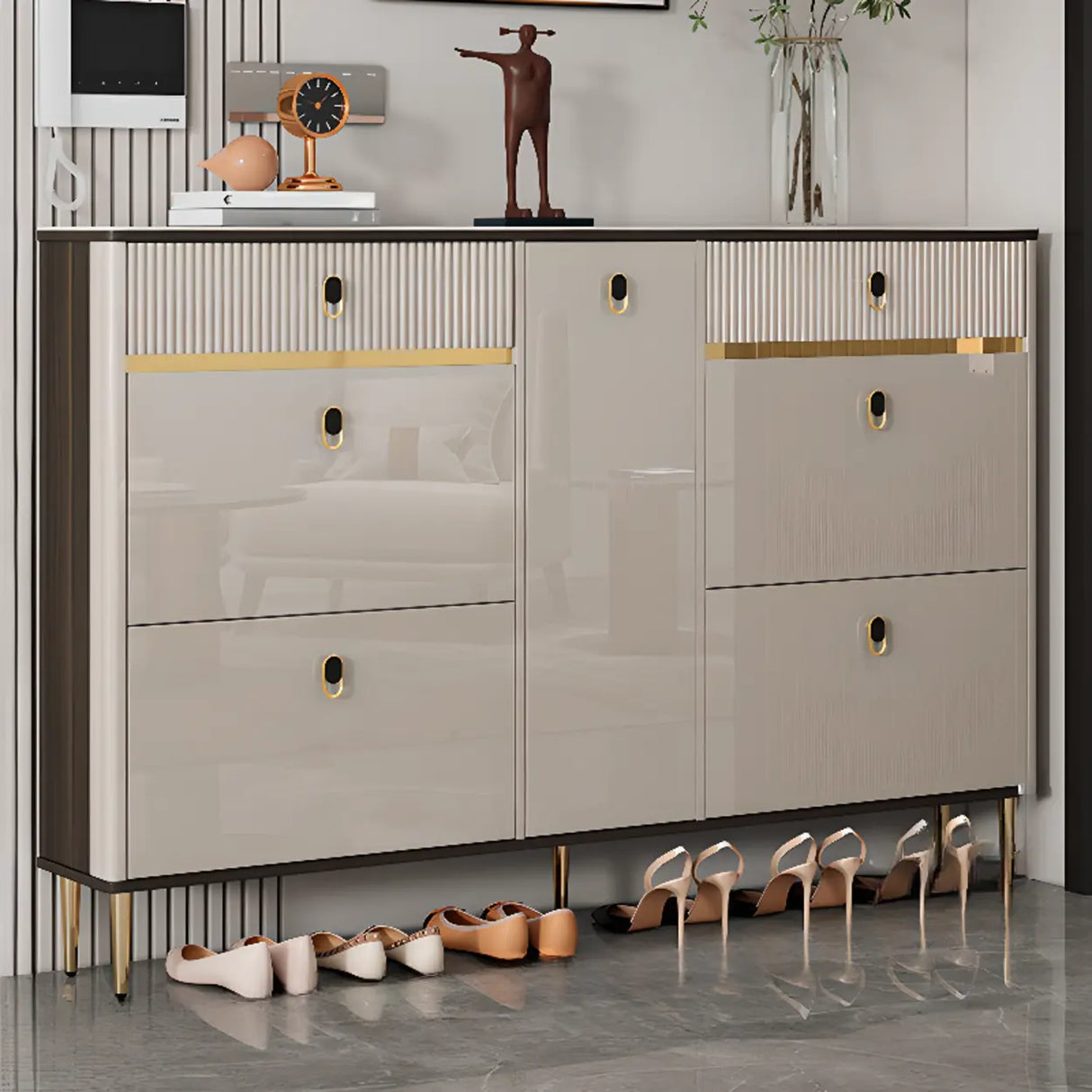 Modern Rectangular Wood Entry White Sliding Shoe Cabinet Image - 15