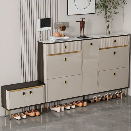 Modern Rectangular Wood Entry White Sliding Shoe Cabinet Image - 1