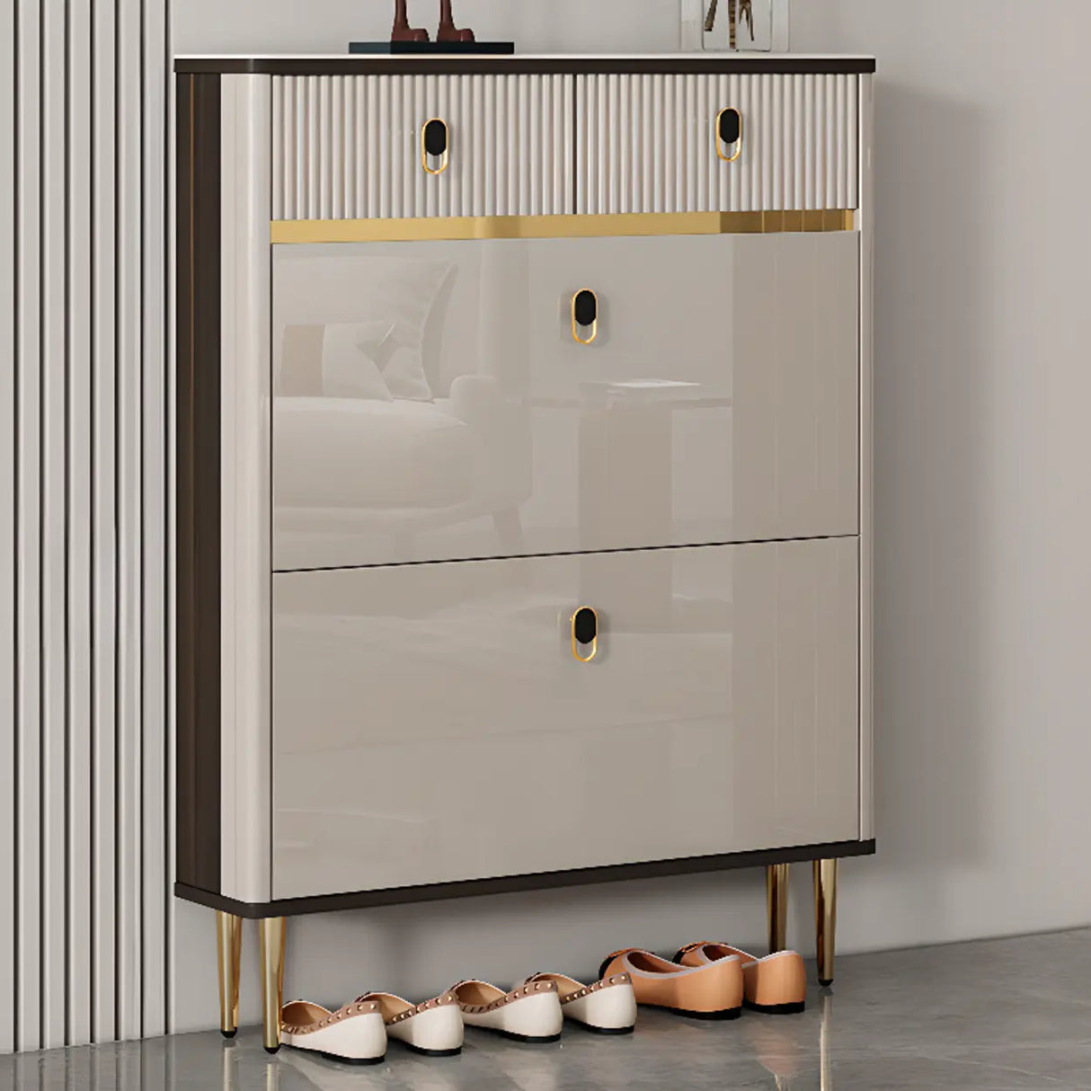 Modern Rectangular Wood Entry White Sliding Shoe Cabinet Image - 3