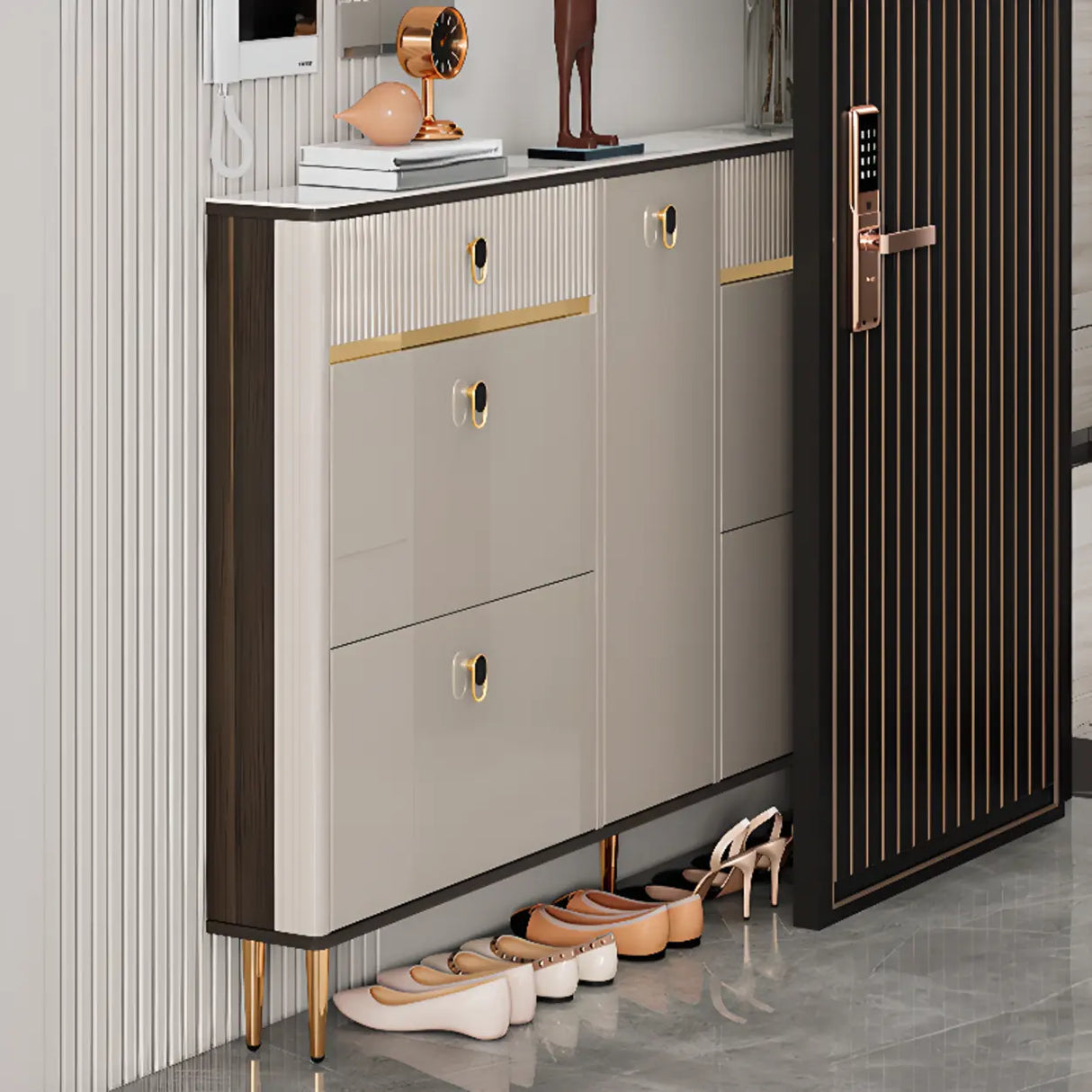 Modern Rectangular Wood Entry White Sliding Shoe Cabinet Image - 4