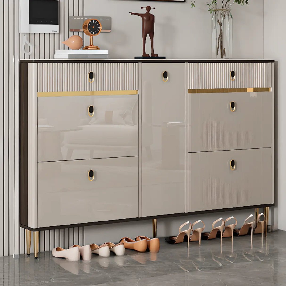 Modern Rectangular Wood Entry White Sliding Shoe Cabinet Image - 7