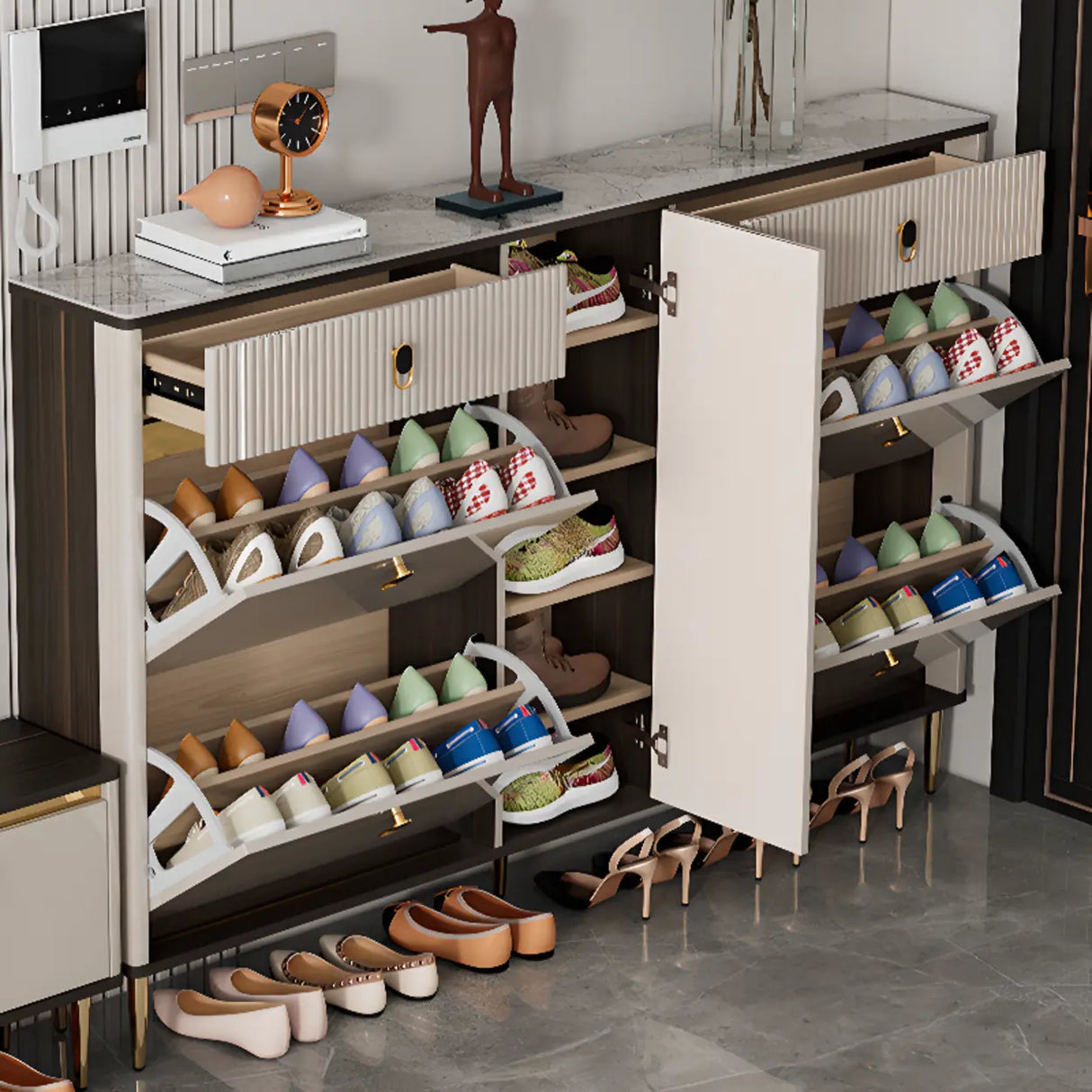 Modern Rectangular Wood Entry White Sliding Shoe Cabinet Image - 8