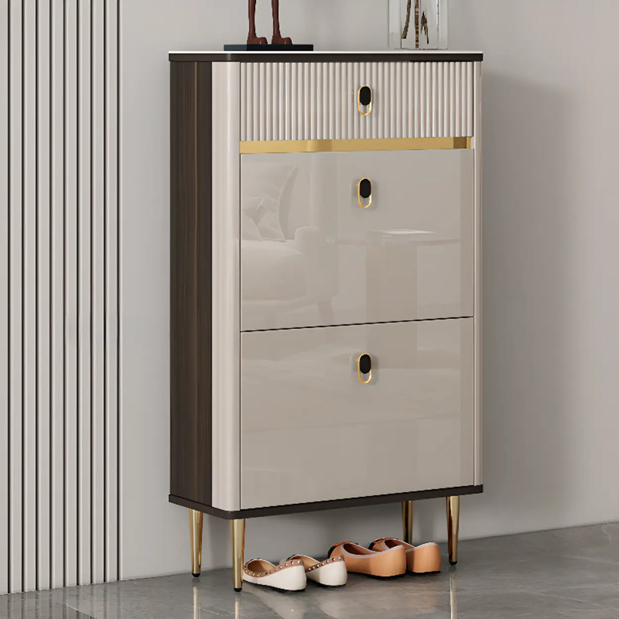 Modern Rectangular Wood Entry White Sliding Shoe Cabinet Image - 9