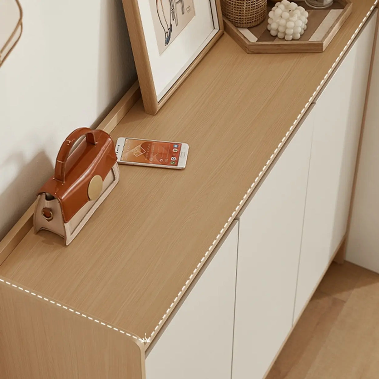 Modern Rectangular Wood Entryway Beige Shoe Cabinet Image - 10