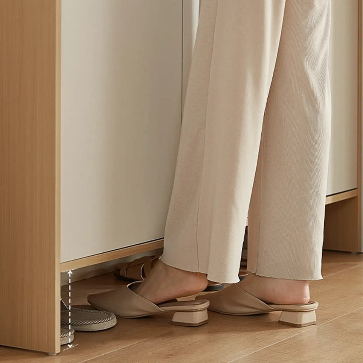 Modern Rectangular Wood Entryway Beige Shoe Cabinet Image - 11